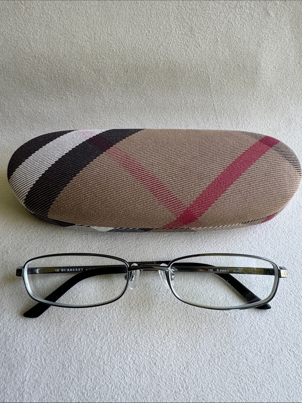 Burberry Gunmetal Rectangular Eyeglasses with Beige Plaid Case